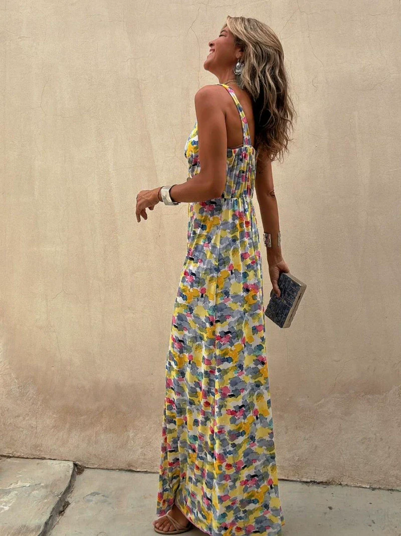 Flora Watercolor Print Crossover Neck Wide Straps Stretch Maxi Dress - Image 4