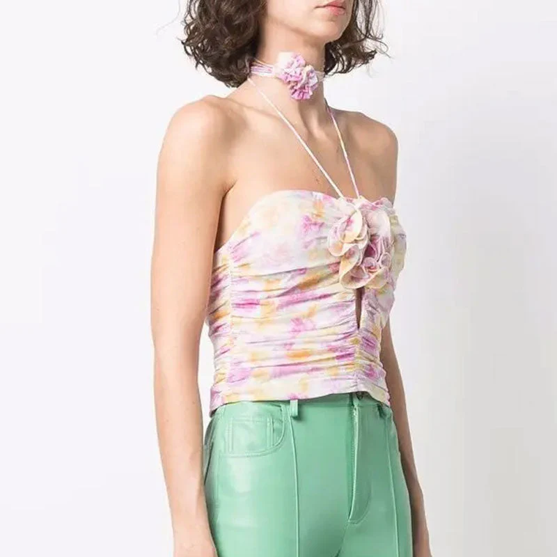Rosette Floral Appliqué Drawstring Choker Cutout Detail Ruched Halter Crop Top - Pink - Image 2