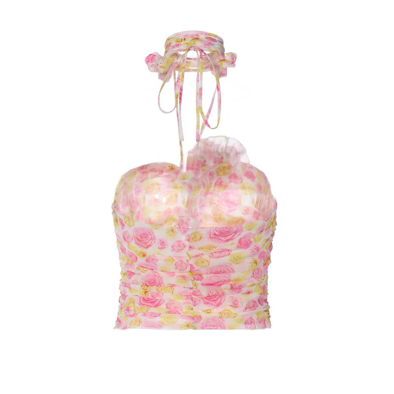 Rosette Floral Appliqué Drawstring Choker Cutout Detail Ruched Halter Crop Top - Pink - Image 4
