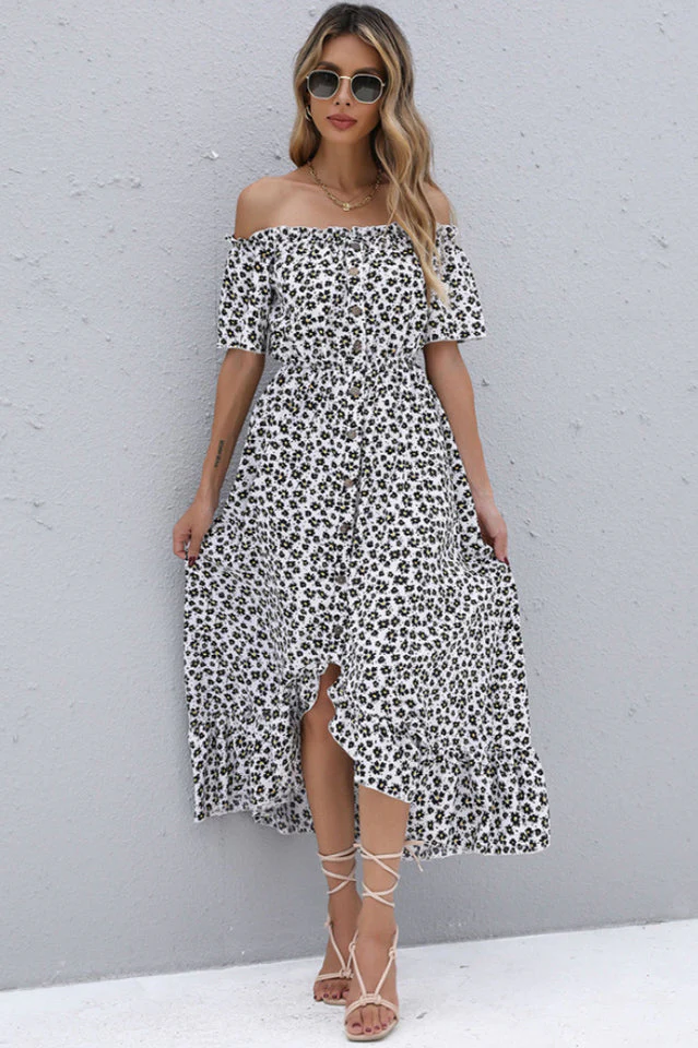 Floral Button Off-Shoulder Dress - Image 15