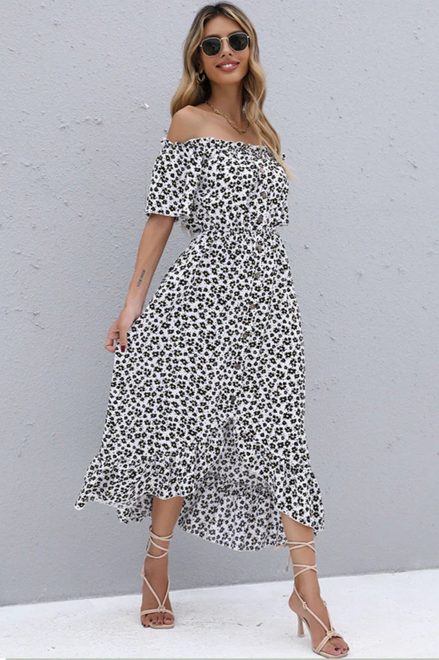 Floral Button Off-Shoulder Dress - Image 17