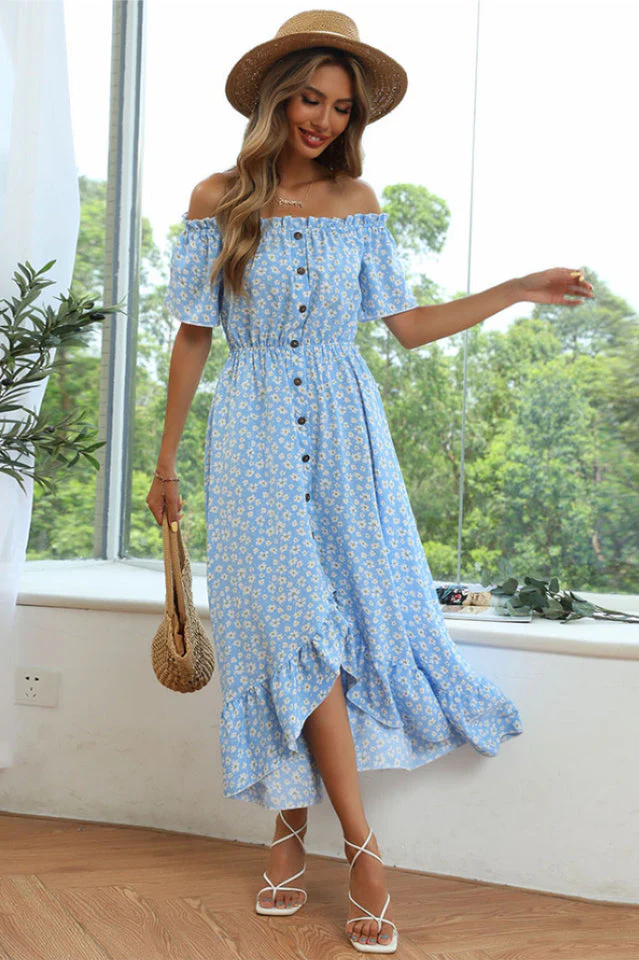 Floral Button Off-Shoulder Dress - Image 4