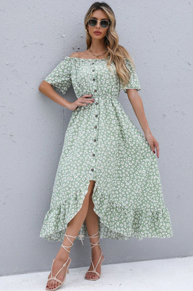 Floral Button Off-Shoulder Dress - Image 6