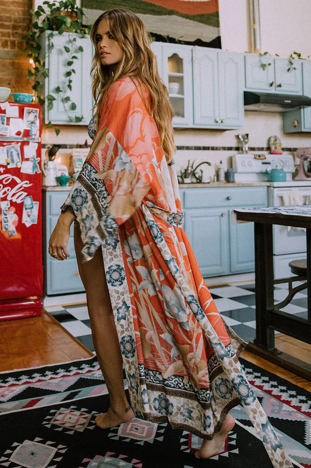 Floral Crane Print Kimono With Belt - Image 2