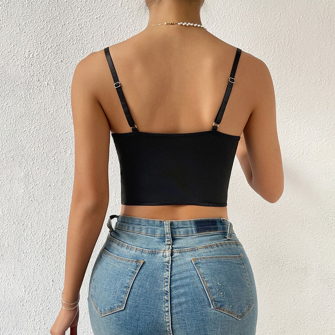 Floral Embroidered Hook And Eye Lace Trim Push Up Crop Corset Top - Black - Image 2