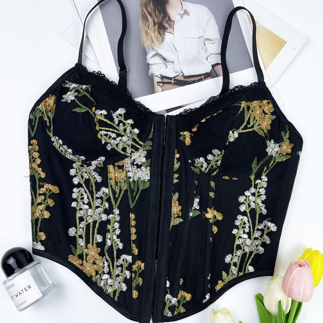Floral Embroidered Hook And Eye Lace Trim Push Up Crop Corset Top - Black - Image 3