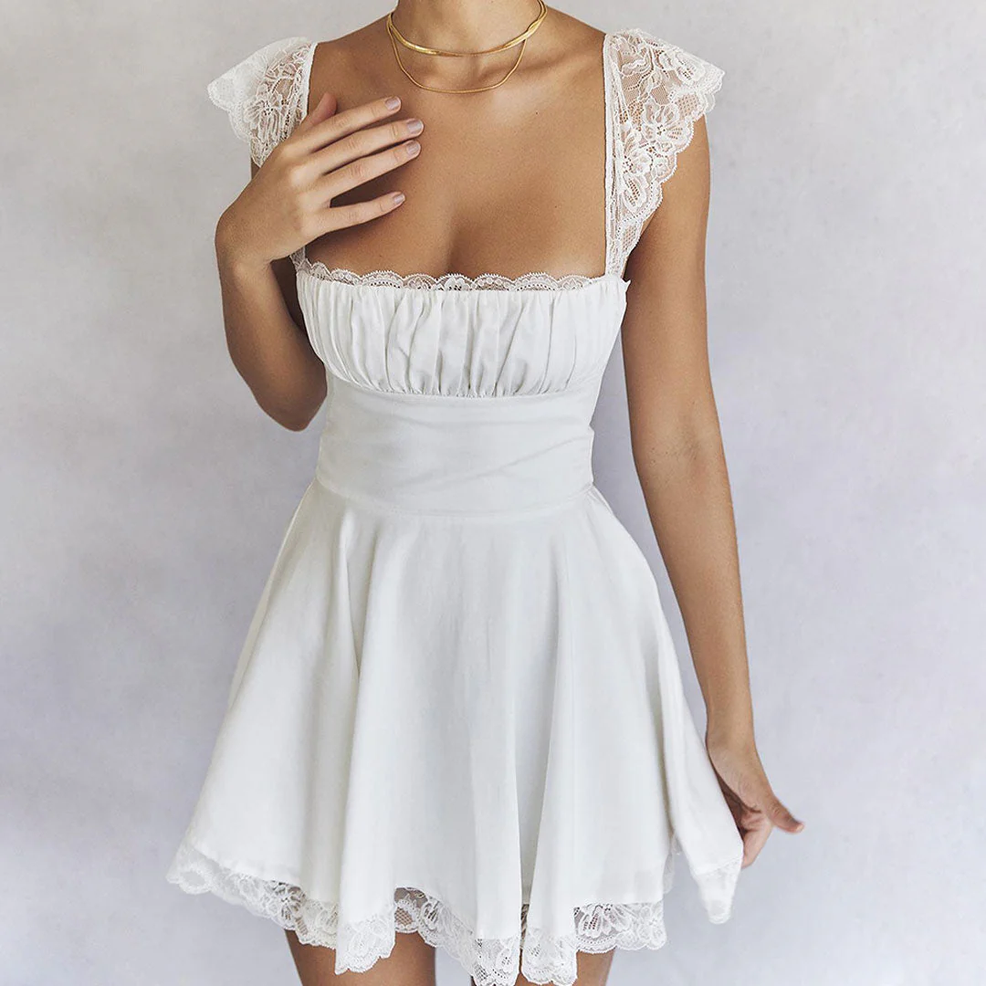 Floral Lace Ruched Tie Back Cap Sleeve Square Neck Mini Sundress - White - Image 4