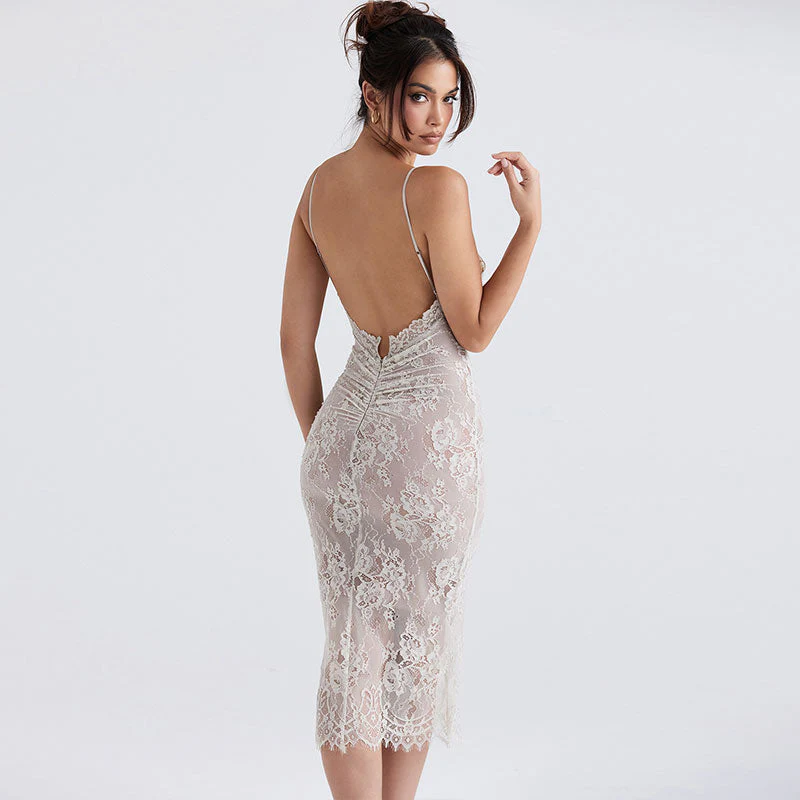 Floral Lace Ruched Trim Open Back Bodycon Slip Cocktail Midi Dress - White - Image 3
