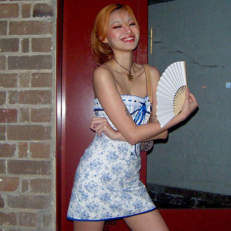Floral Lace Trim Tie Front Hook And Eye Detail Strapless Mini Dress - Blue - Image 2
