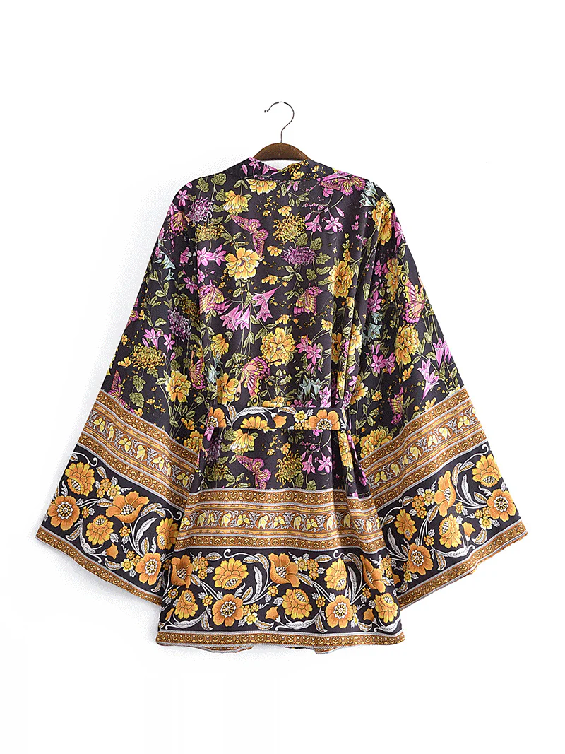 Short Floral Print Black Color Polyester Short Length Gown Robe Kimono Duster Robe - Image 2