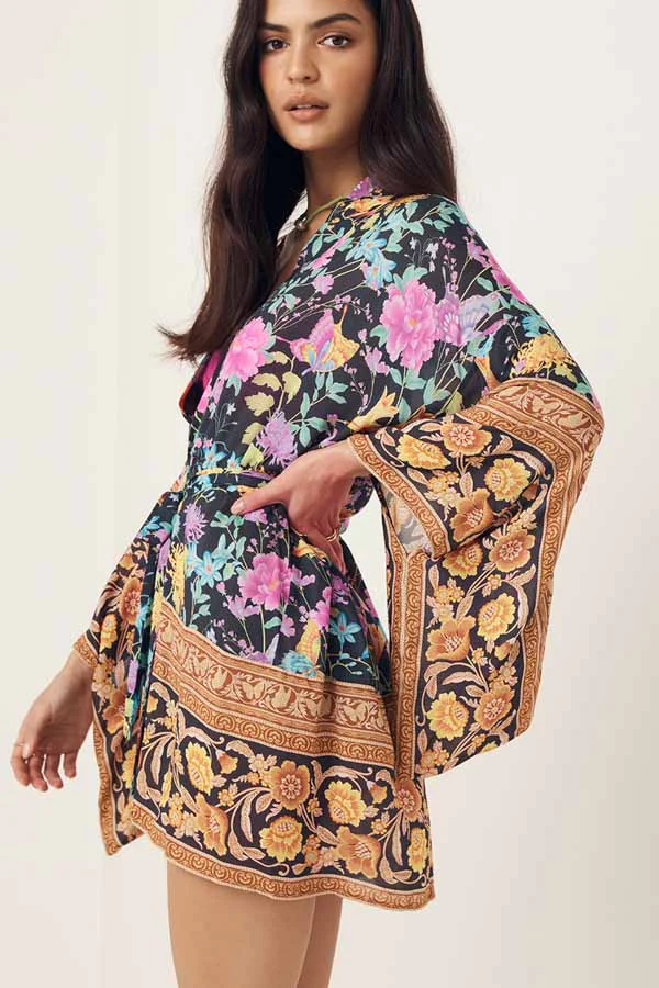 Short Floral Print Black Color Polyester Short Length Gown Robe Kimono Duster Robe - Image 3