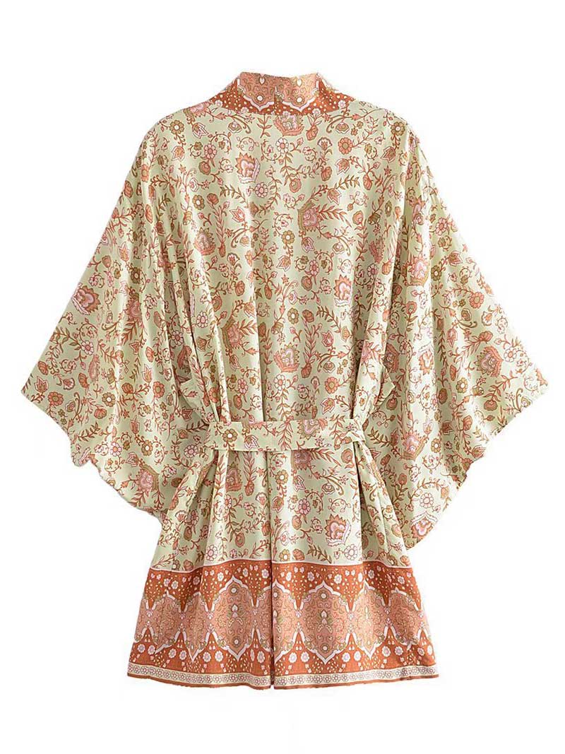 Short Floral Print Brown, Purple Orange Color Cotton Short Length Gown Kimono Duster Robe - Image 4