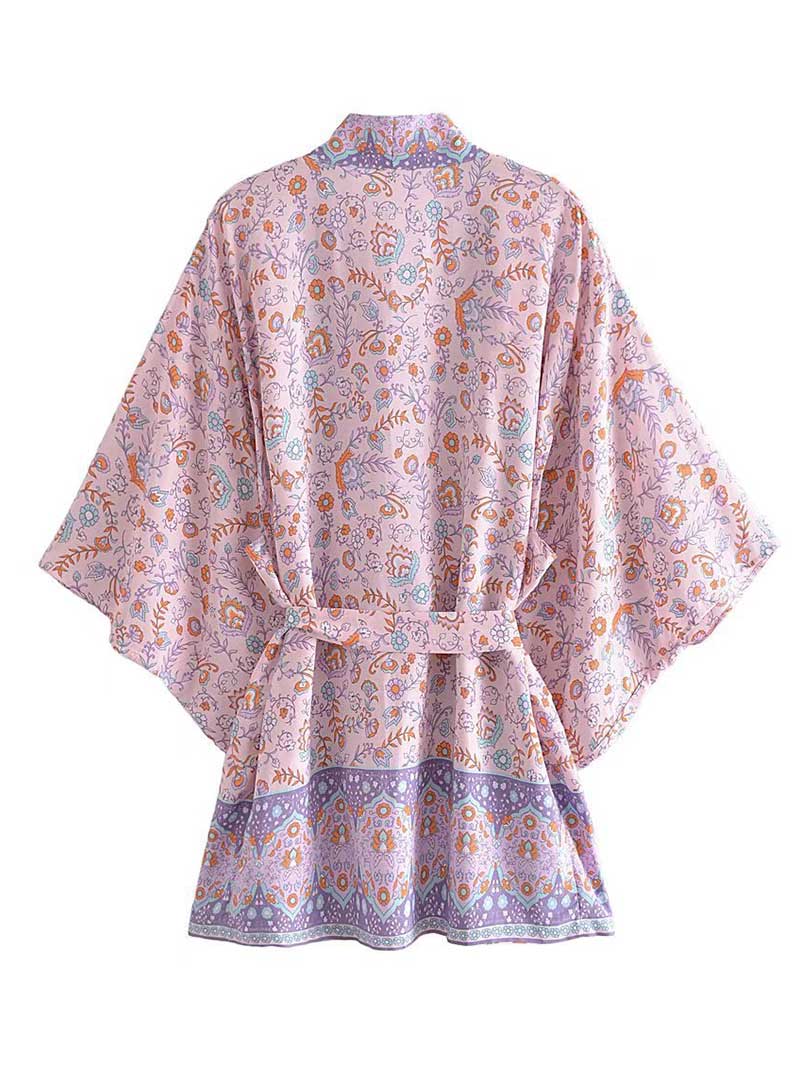 Short Floral Print Brown, Purple Orange Color Cotton Short Length Gown Kimono Duster Robe - Image 5