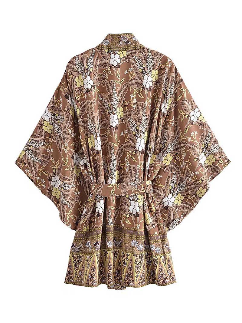 Short Length Rayon Floral Print Coffee Color Gown Kimono Duster Robe - Image 2