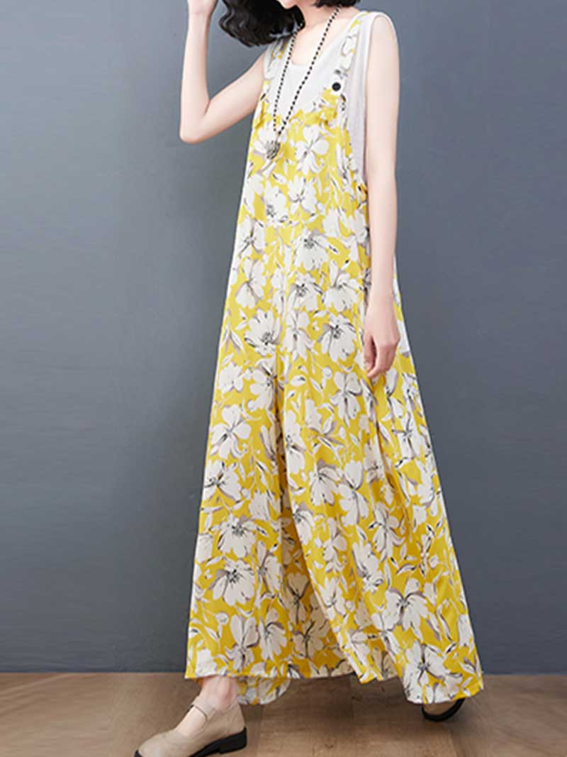 Floral Print Cotton Wide-Leg Overall Jumpsuit - Image 11