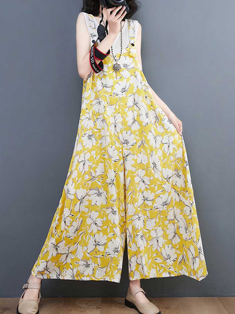 Floral Print Cotton Wide-Leg Overall Jumpsuit - Image 9