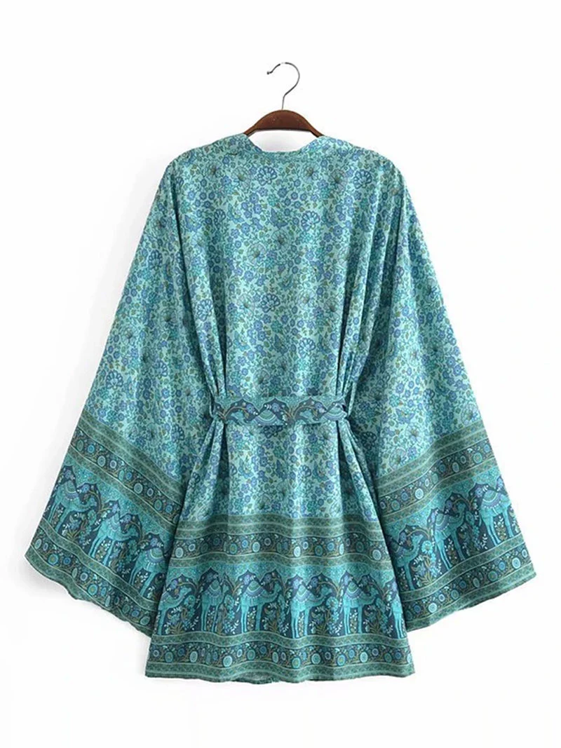 Short Kimono With Floral Print Green Color Cotton Short Length Gown Kimono Duster Robe - Image 2