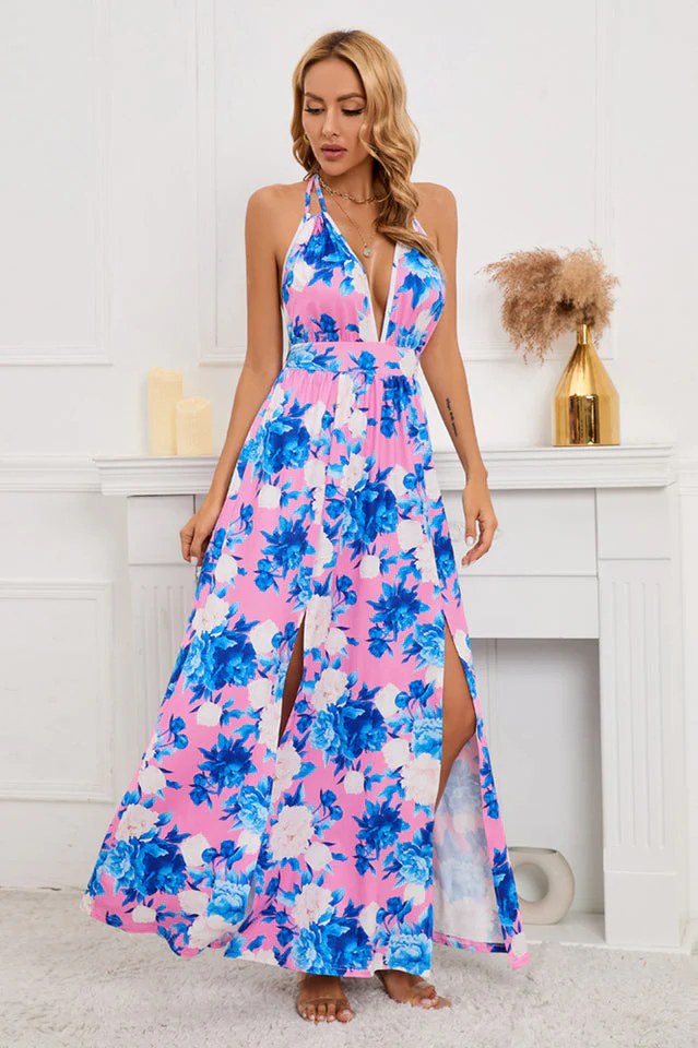 Floral Print Lace Up Backless Split Thigh Dress - Image 10