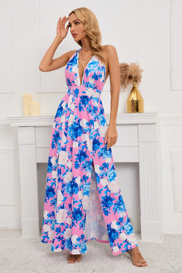 Floral Print Lace Up Backless Split Thigh Dress - Image 11