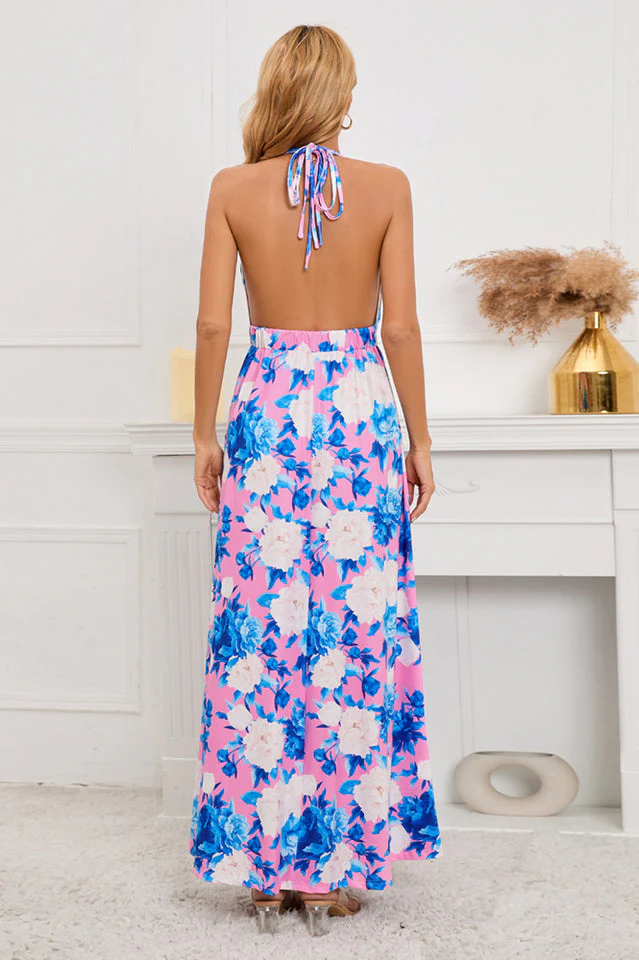 Floral Print Lace Up Backless Split Thigh Dress - Image 12