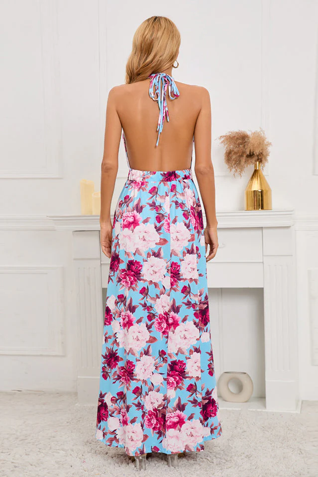 Floral Print Lace Up Backless Split Thigh Dress - Image 6