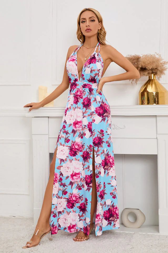 Floral Print Lace Up Backless Split Thigh Dress - Image 7