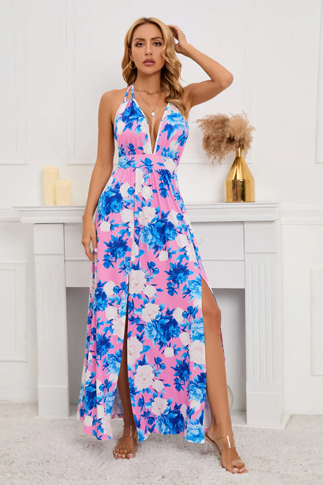 Floral Print Lace Up Backless Split Thigh Dress - Image 9