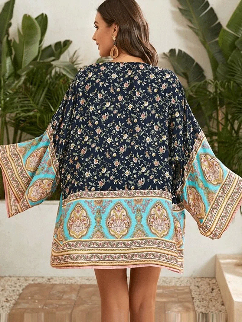 Short Kimono With Floral Print Navy-Blue Color Cotton Gown Kimono Duster Robe - Image 2