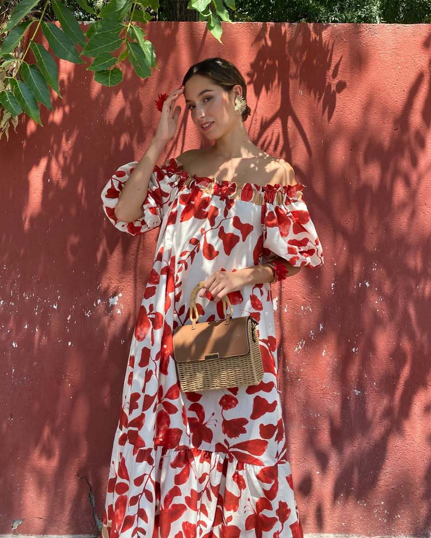 Floral Print Off-Shoulder Puff Sleeve Long Dress - Image 3