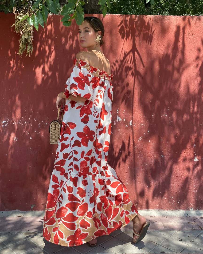 Floral Print Off-Shoulder Puff Sleeve Long Dress - Image 4