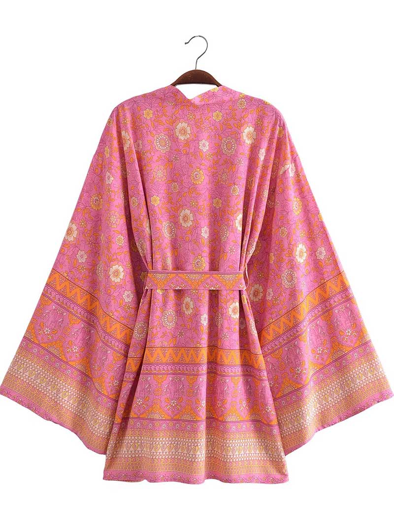 Short Kimono With Floral Print Pink & Yellow Cotton Short Length Gown Robe - Image 3