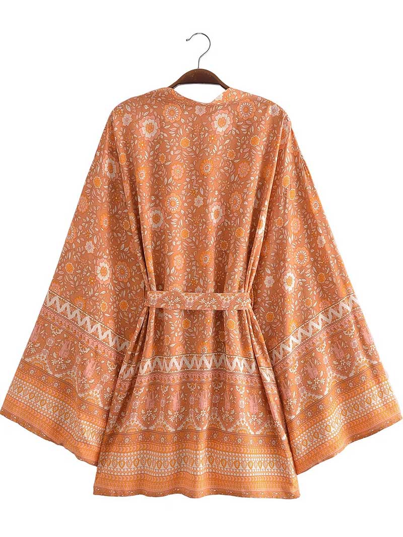Short Kimono With Floral Print Pink & Yellow Cotton Short Length Gown Robe - Image 4