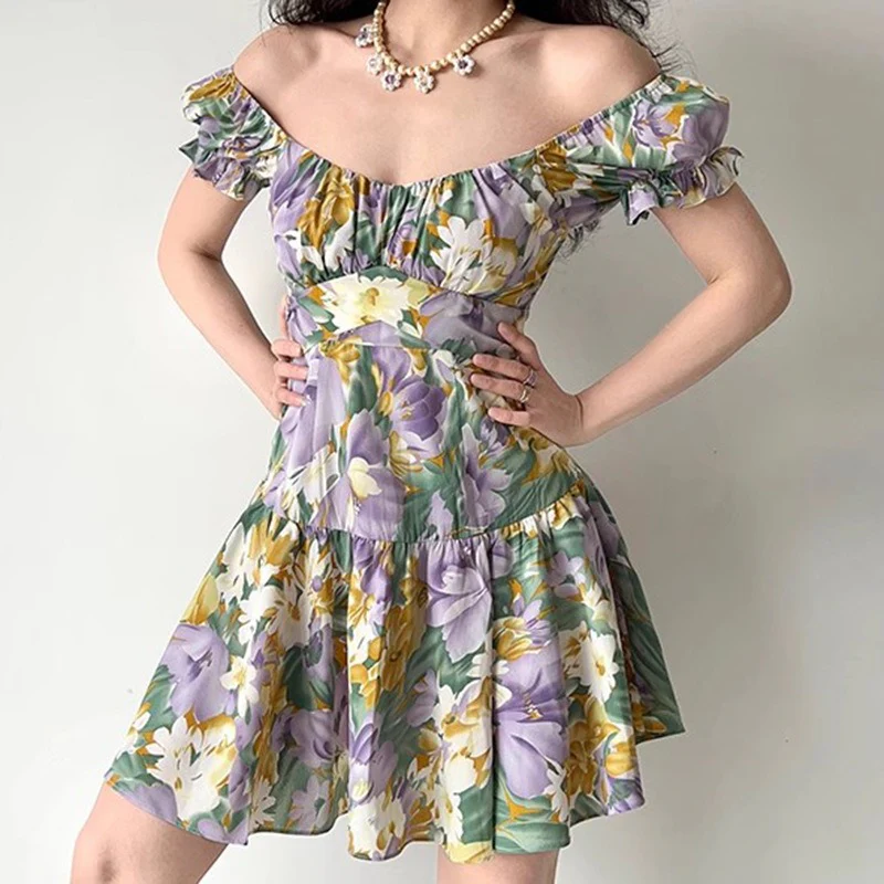 Floral Print Puff Sleeve Ruffle Short Dress - Image 6