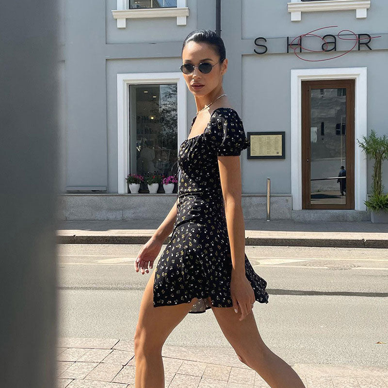 Floral Print Ruched Tie Front Split Trim Puff Sleeve Mini Sundress - Black - Image 2