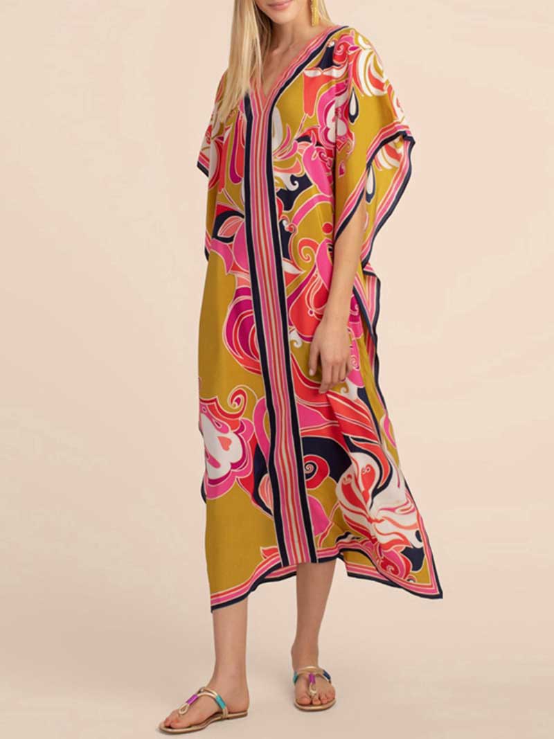 Floral Print V-Neck Short Sleeves Kaftan Dress - Image 11