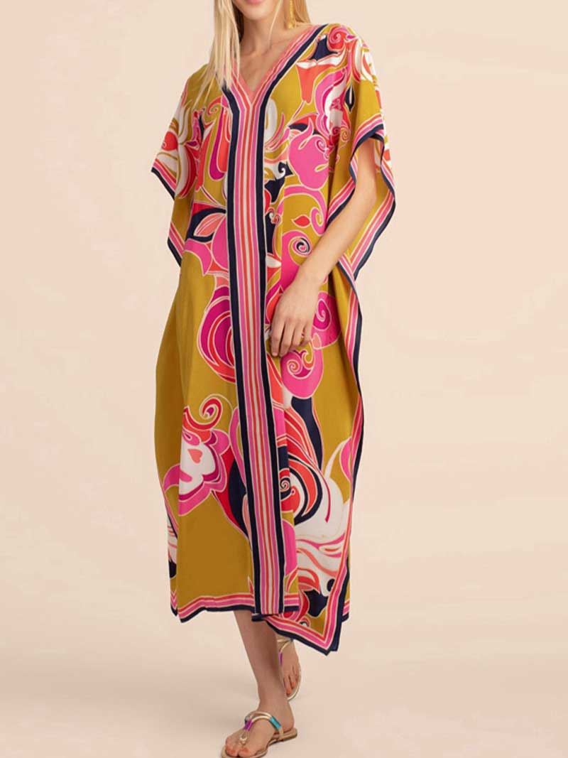 Floral Print V-Neck Short Sleeves Kaftan Dress - Image 2