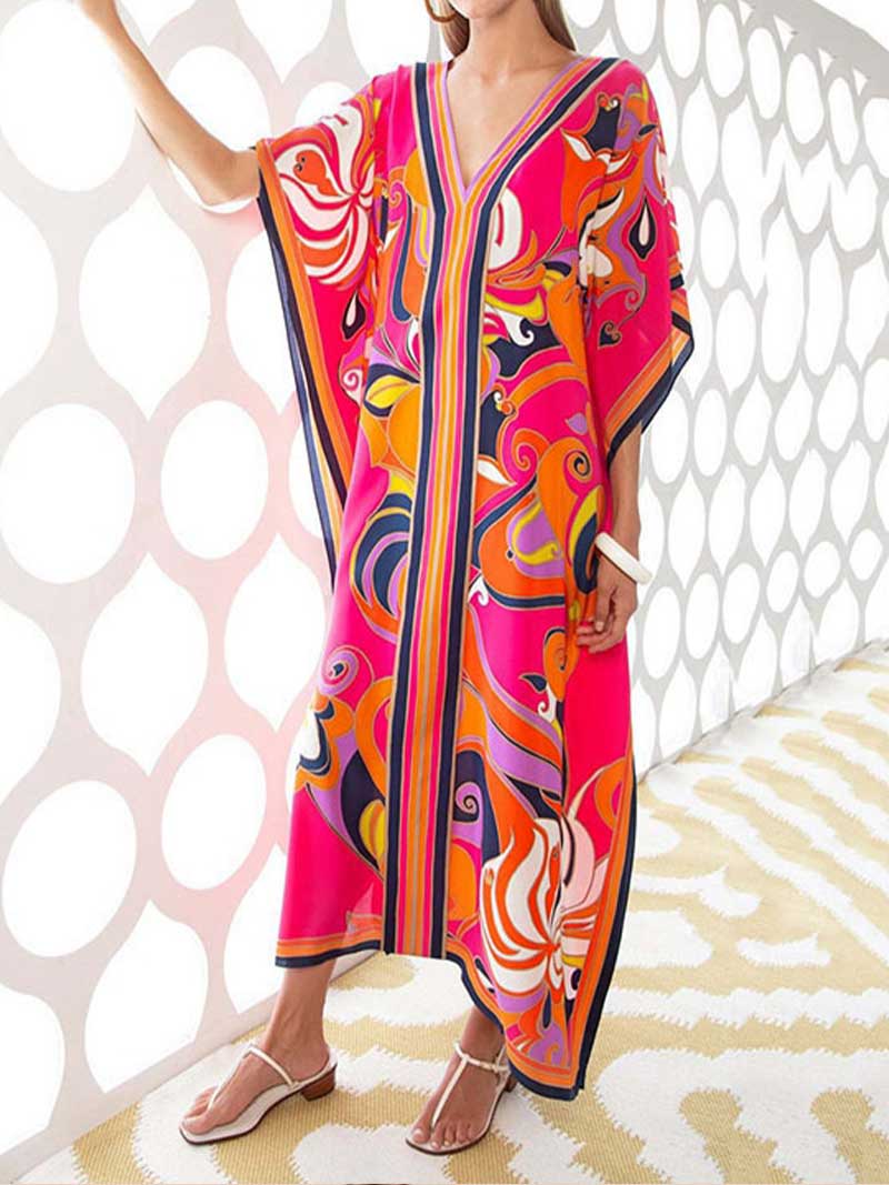 Floral Print V-Neck Short Sleeves Kaftan Dress - Image 3