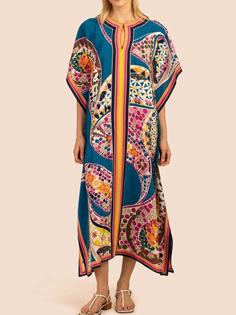 Floral Print V-Neck Short Sleeves Kaftan Dress - Image 4
