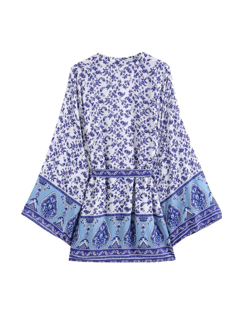 Short Length With Floral Print White Color Cotton Gown Kimono Duster Robe - Image 2