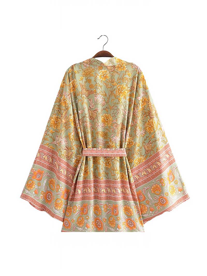 Short Floral Print Yellow Cotton Short Length Gown Kimono Duster Robe - Image 2