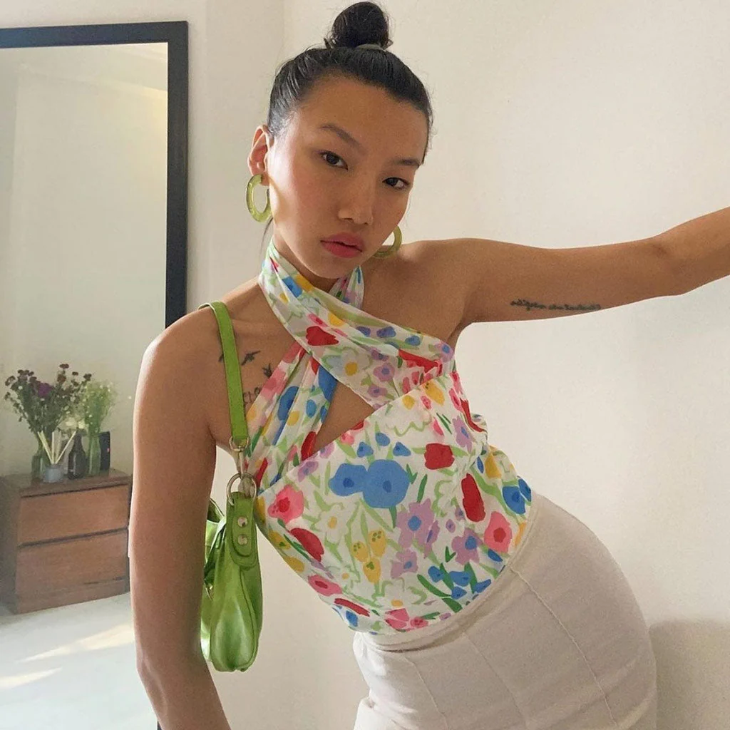 Cute Floral Printed Cross Halter Zip Back Crop Tube Top - Colorful - Image 2