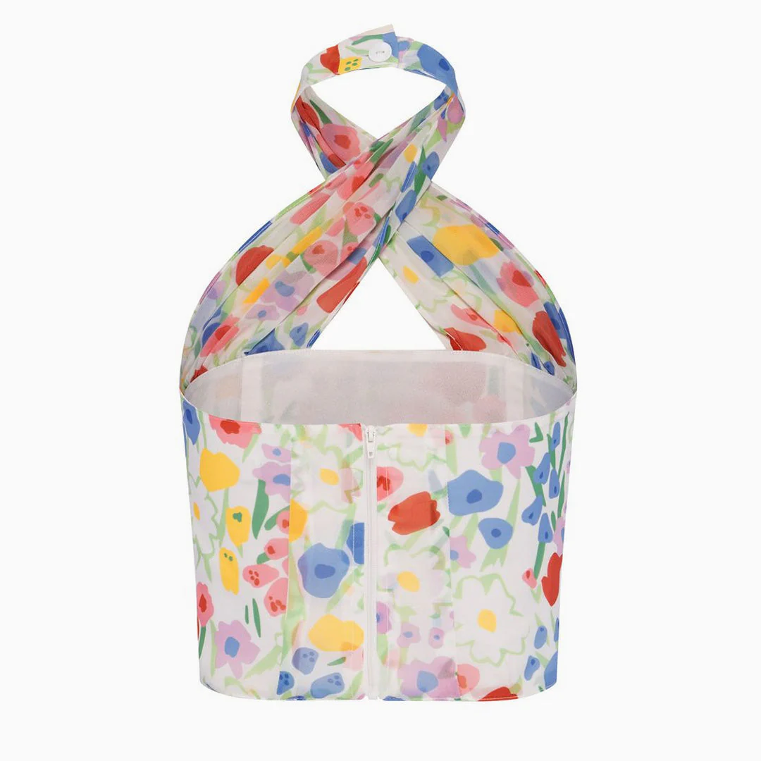 Cute Floral Printed Cross Halter Zip Back Crop Tube Top - Colorful - Image 4
