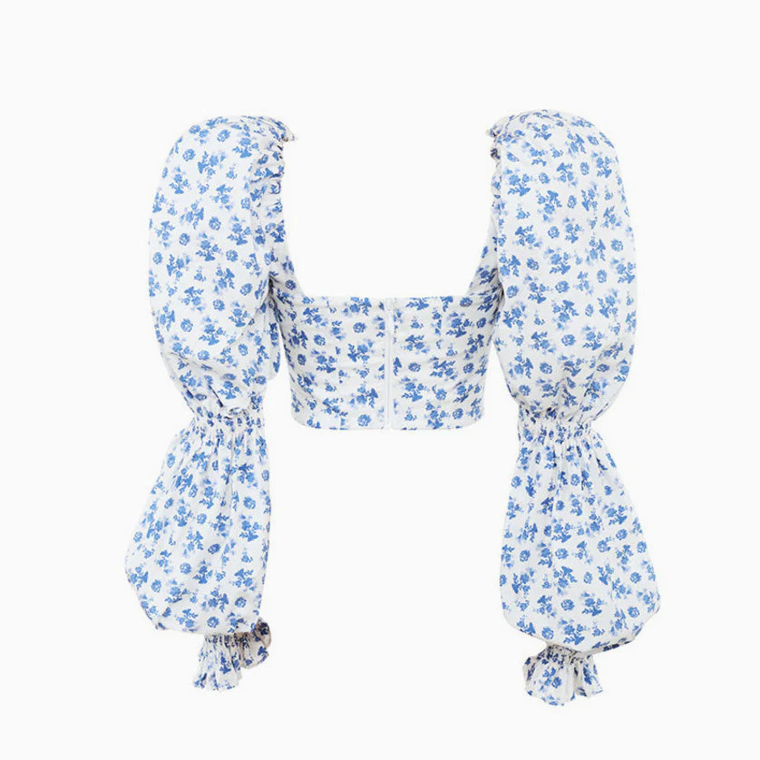 Cute Bustier Tied Front Floral Printed Puff Sleeve Crop Top - White - Image 5