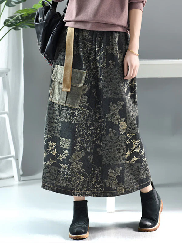 Floral Printing Denim Skirt - Image 3
