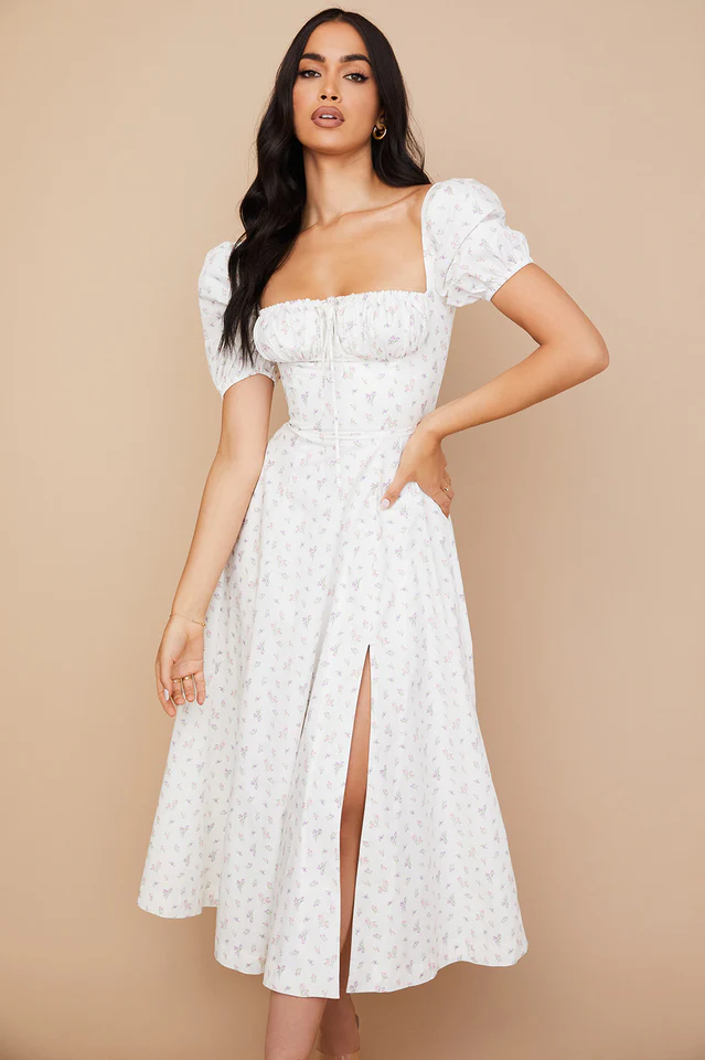 Floral Puff Sleeve Boho Midi Dress - Image 3
