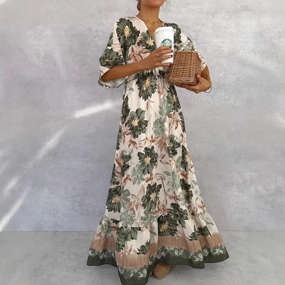 Floral  Short Sleeve Waist Loose Full Hem Maxi Dress - Image 2