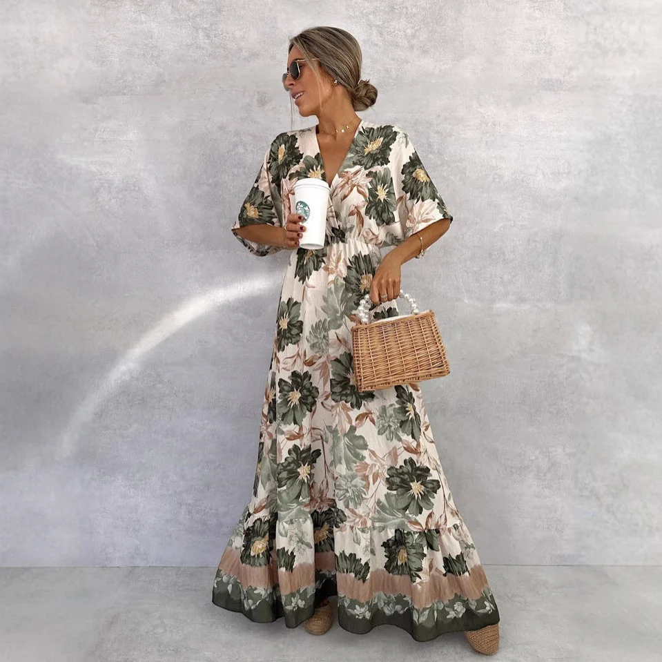 Floral  Short Sleeve Waist Loose Full Hem Maxi Dress - Image 3
