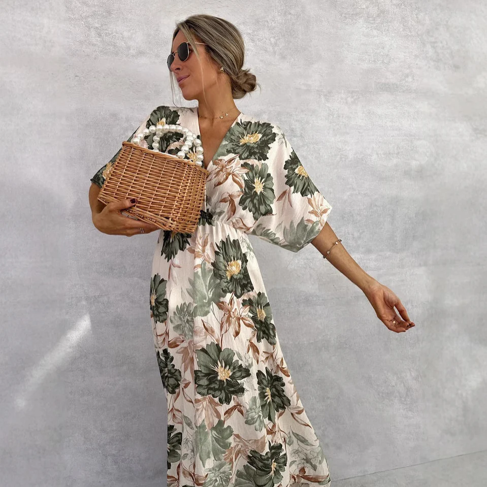 Floral  Short Sleeve Waist Loose Full Hem Maxi Dress - Image 4