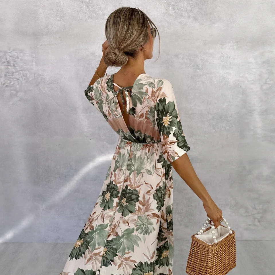 Floral  Short Sleeve Waist Loose Full Hem Maxi Dress - Image 5