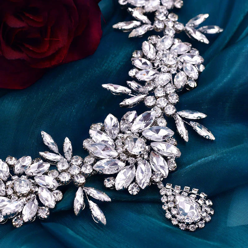 Floral Teardrop Trim Crystal Rhinestone Embellished Headband - Silver - Image 2